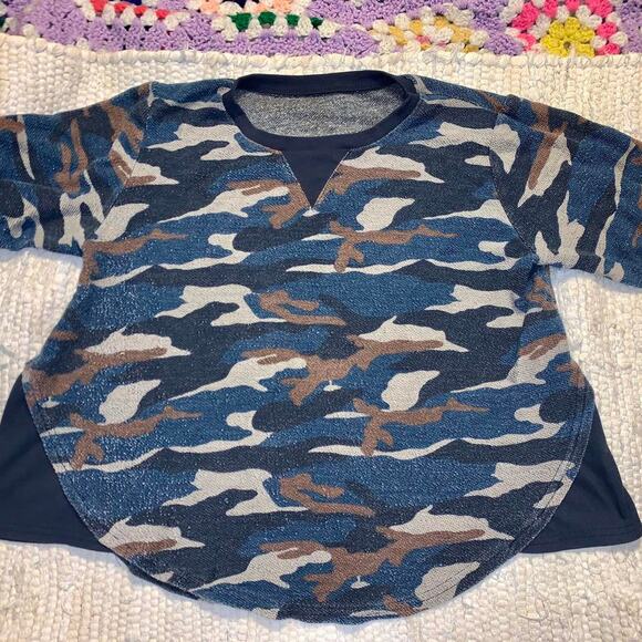 DENIM BLUE CAMOUFLAGE TEXTURED & OVERSIZED SHORT SLEEVED JUMPER SWEATSHIRT osfa - Picture 1 of 4